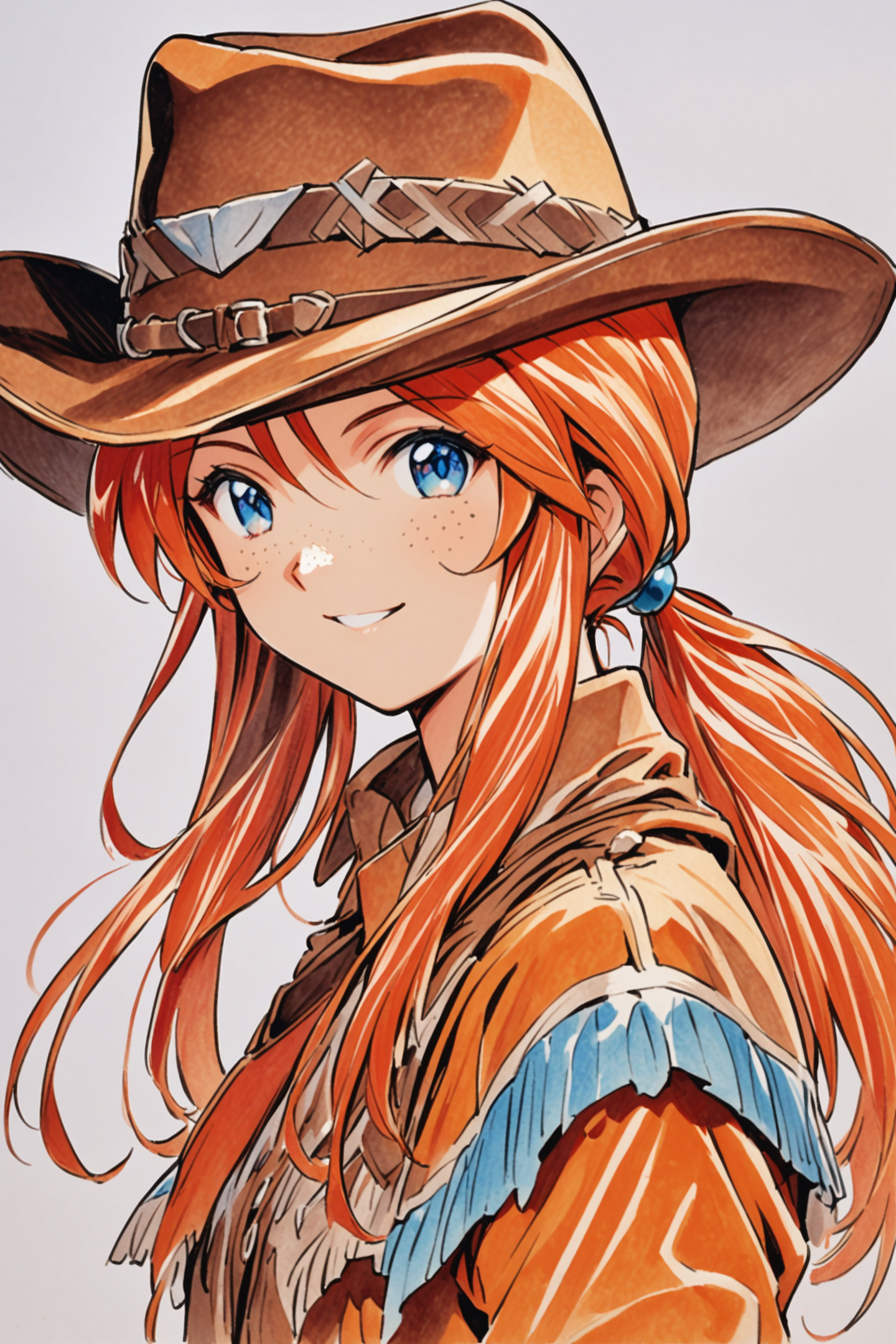 31425-1359739914-Gemini Sunrise,freckles,1girl,solo,hat,cowboy hat,blue eyes,long hair,smile,upper body,white background,traditional media,ponyta.png